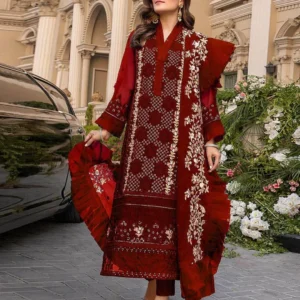 Home stunning embroiered 3 pcs red suit set